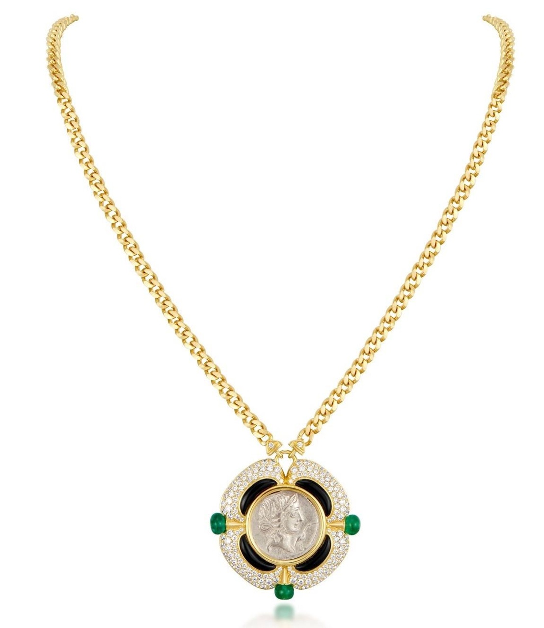 古幣系列 (Ancient Medallion Collection)古銀幣配祖母綠、黑瑪瑙及鑽石吊墜項鏈