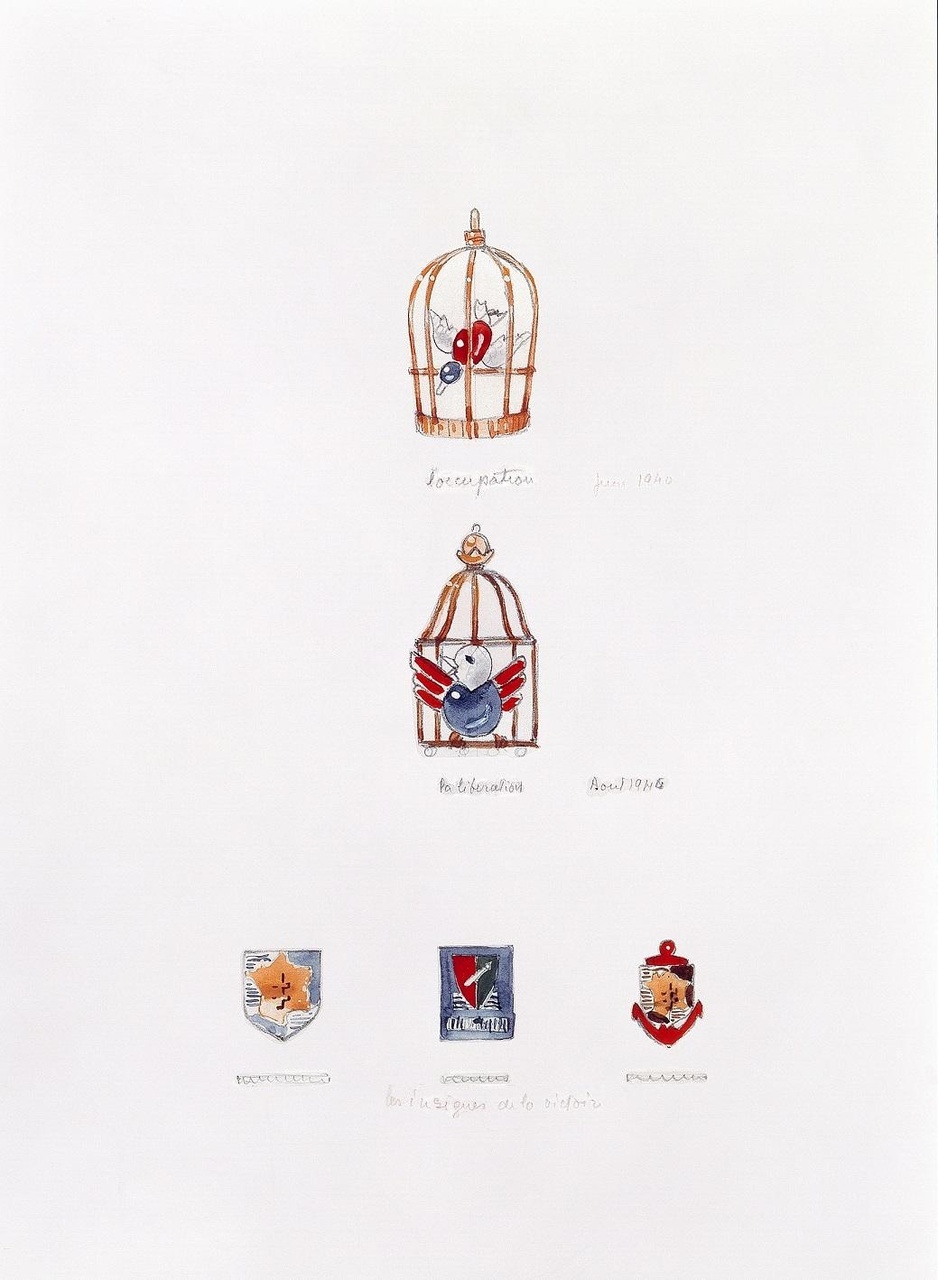 由貞．杜桑設計的 Oiseau en cage 及 Oiseau libéré 胸針之設計圖，象徵著被敵軍佔領、及後解放的法國。1944年。卡地亞檔案室 © Cartier