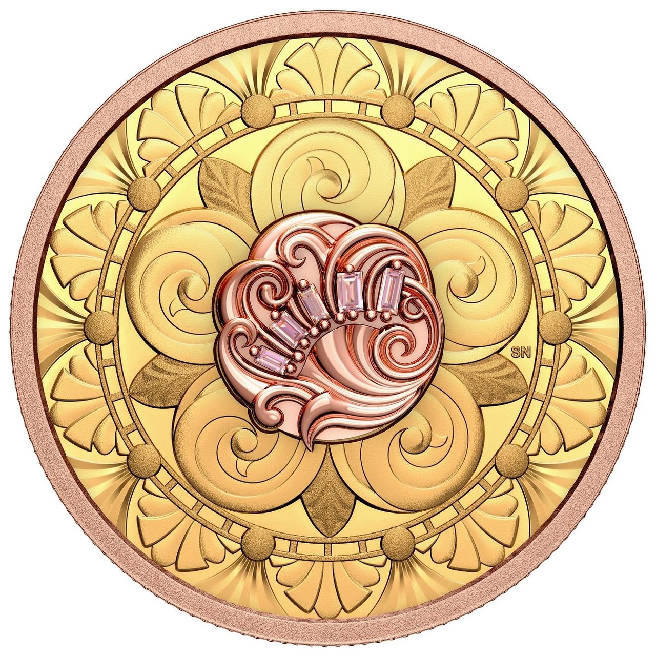 Treasure以 1 安士之 99.99% 純金鑄造，其背面設計以一圈裝飾藝術圖案環繞中央櫻花，花瓣泛有漩渦，共有五顆總重 0.06 克拉 (tcw) 的艷彩粉鑽，正面飾有靈感來自背面櫻花花瓣的田野圖案，以及英國女王伊麗莎白二世肖像，全球限量鑄造 400 枚。 