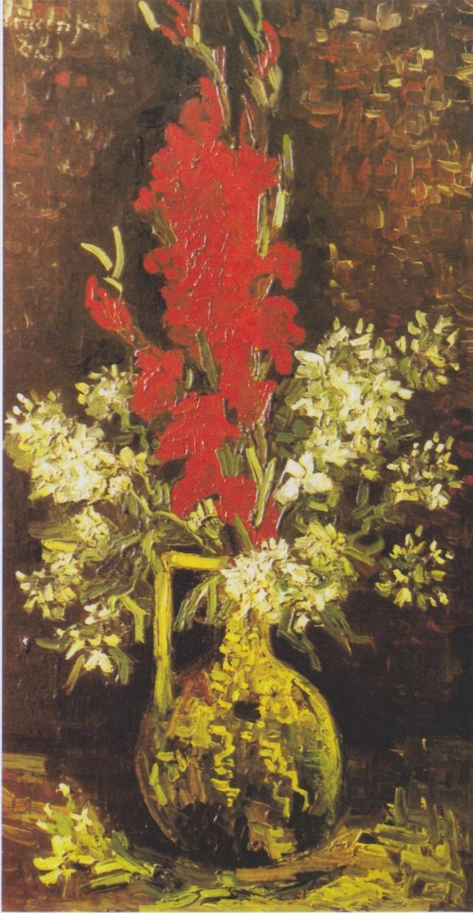 有紅色和白色花朵的花瓶
創作時間：1886年，（藏於：博伊曼斯術館術館荷蘭南荷蘭省鹿特丹）。
