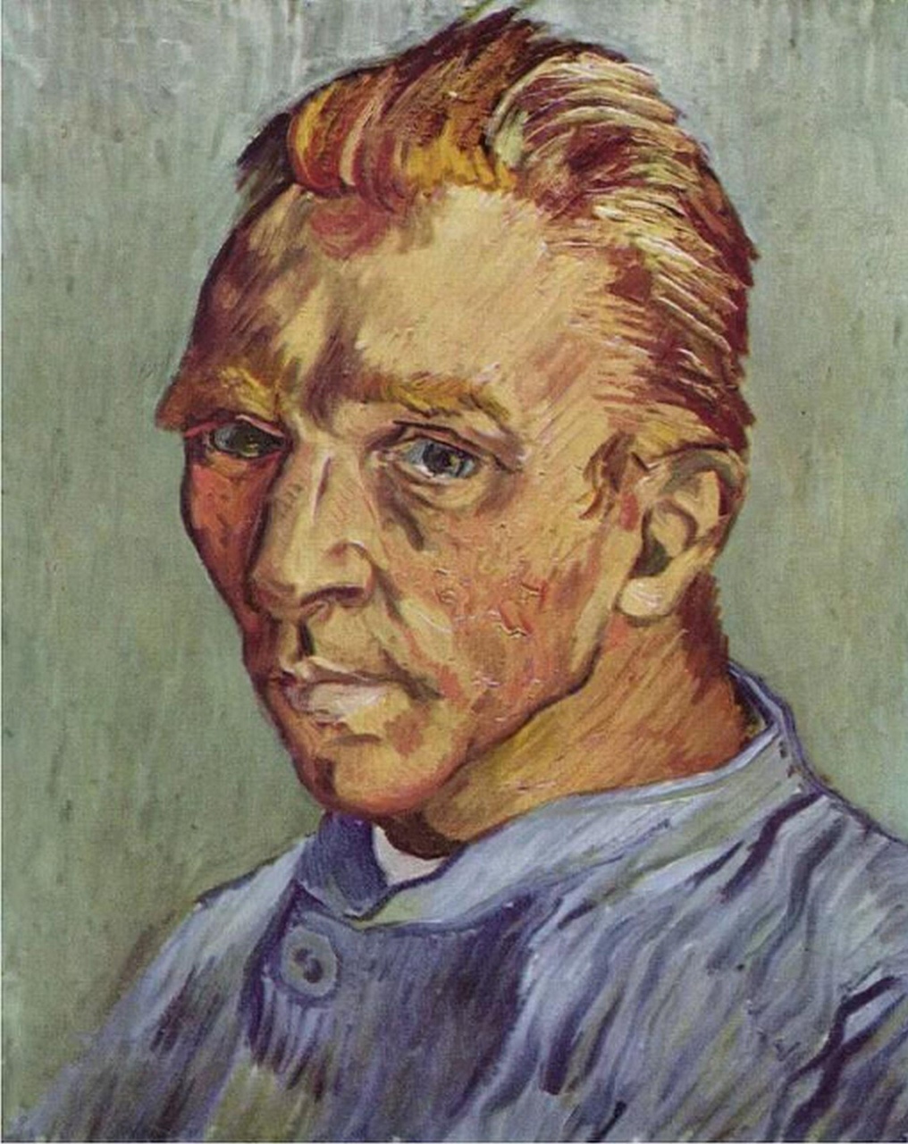這幅《沒鬍子的自畫像》是梵高的最後一幅自畫像，畫於1889年，梵高刻意把自己畫得比現實中要讓自己健康、年輕，然而這些都無法掩飾他眼底的孤獨。1890年7月，梵高在精神錯亂中開槍自殺，年僅37歲。
