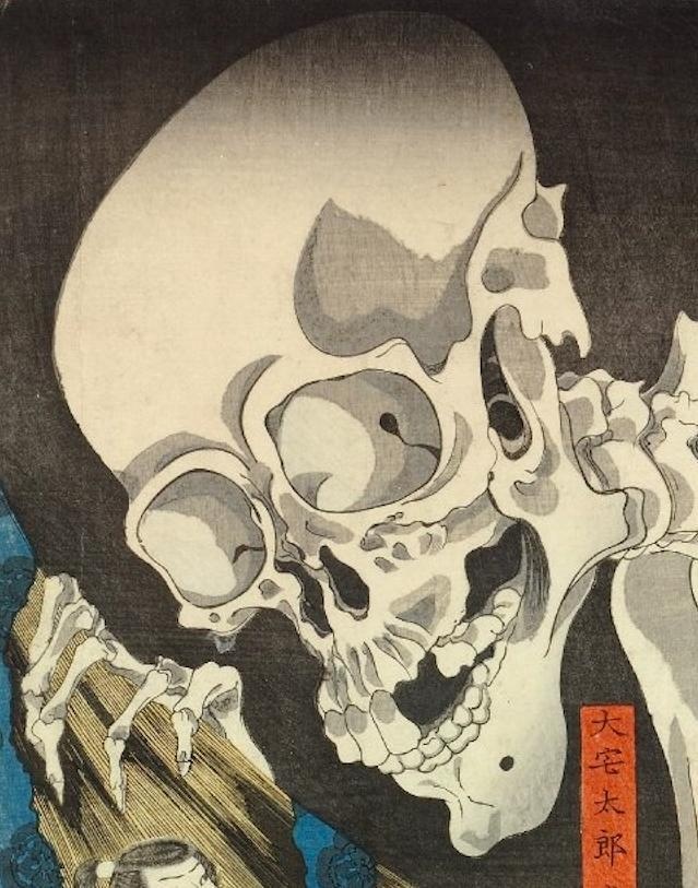 為了表現山東京伝小說中描述的上百具骸骨戰鬥的宏大場面，歌川國芳在《相馬舊王城》畫中，用一具巨大骸骨給觀者造成視覺上的衝擊。
