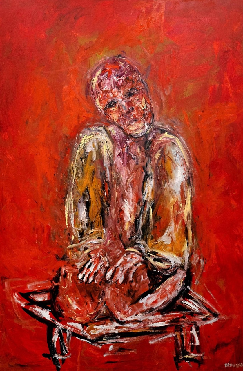 西山瑞貴( Mizuki Nishiyama)作品《Sitting, Waiting》以具表現力的深紅色筆觸繪畫一名處於「正座」姿態的女性，表面正襟危坐卻似乎蠢蠢欲動，透露出從傳統規範和當代性別政治的桎梏中解放自身的強烈欲望。Sitting, Waiting  油畫布本  180 x 120厘米  2021