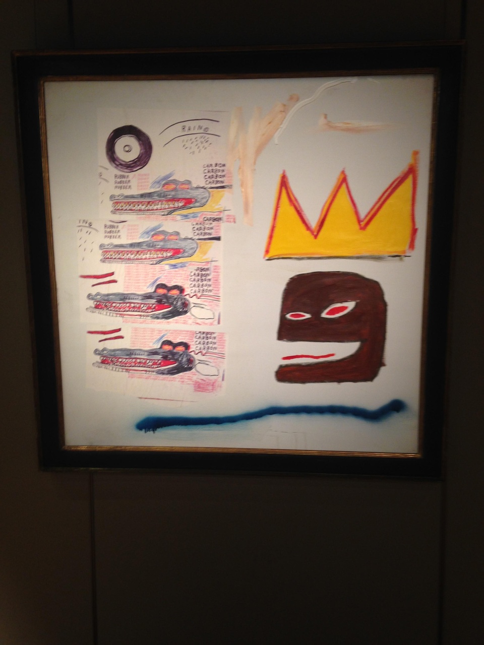 Bowie收藏最大亮點，乃是多張Jean Michel Basquiat作品。他買畫不去畫廊，而直接到畫家工作室。此張畫估價百萬美元。