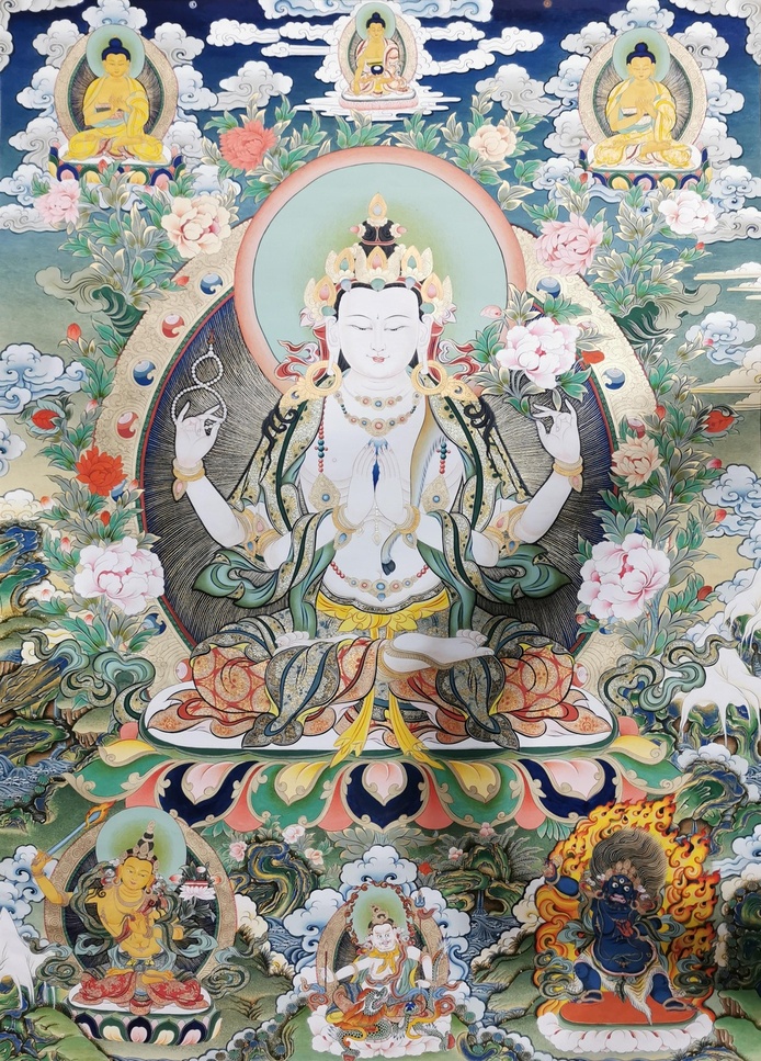 《四手觀音》Four-arm Guanyin Bodhisattva, Mineral pigments, cloth, 108x79cm, 2019