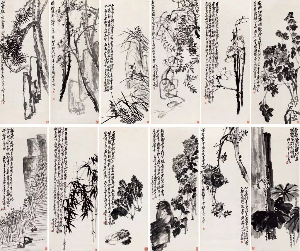 吳昌碩《花果十二條屏》1915-1916年作/ 鏡心/ 水墨紙本/ 133.5cm×52.8cm×12 - 吳昌碩乃齊白石長輩,然而此十二幅畫的是花果,在華人藝術價值觀中,相較於山水畫便氣勢弱了一點,因此估價便沒達到5億港元這天價。