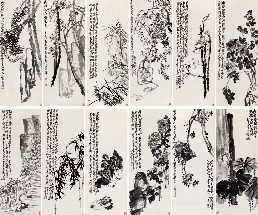 吳昌碩《花果十二條屏》1915-1916年作/ 鏡心/ 水墨紙本/ 133.5cm×52.8cm×12 - 吳昌碩乃齊白石長輩，然而此十二幅畫的是花果，在華人藝術價值觀中，相較於山水畫便氣勢弱了一點，因此估價便沒達到5億港元這天價。