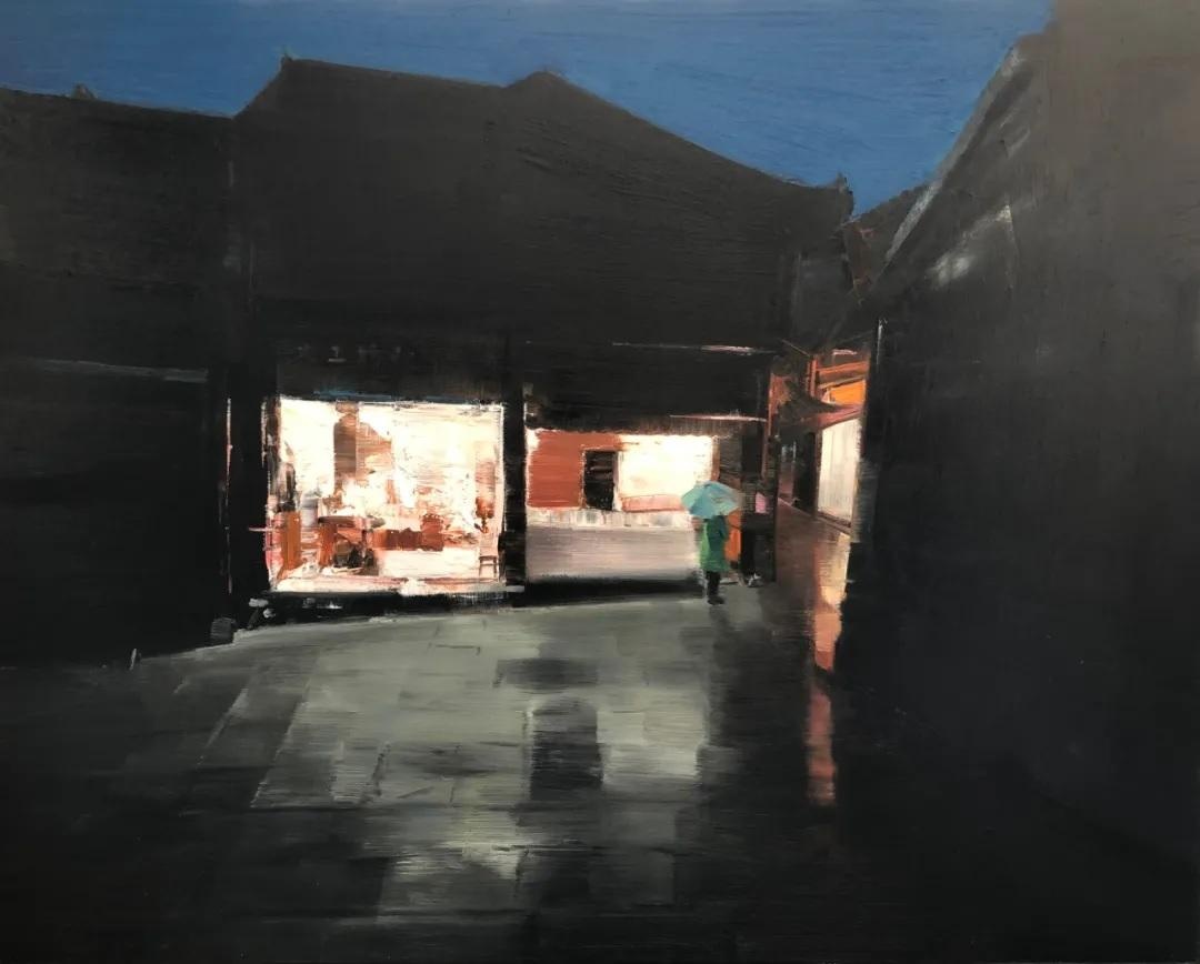 丁志青
黑小店前绿衣人
布面油画
80×100cm
2018