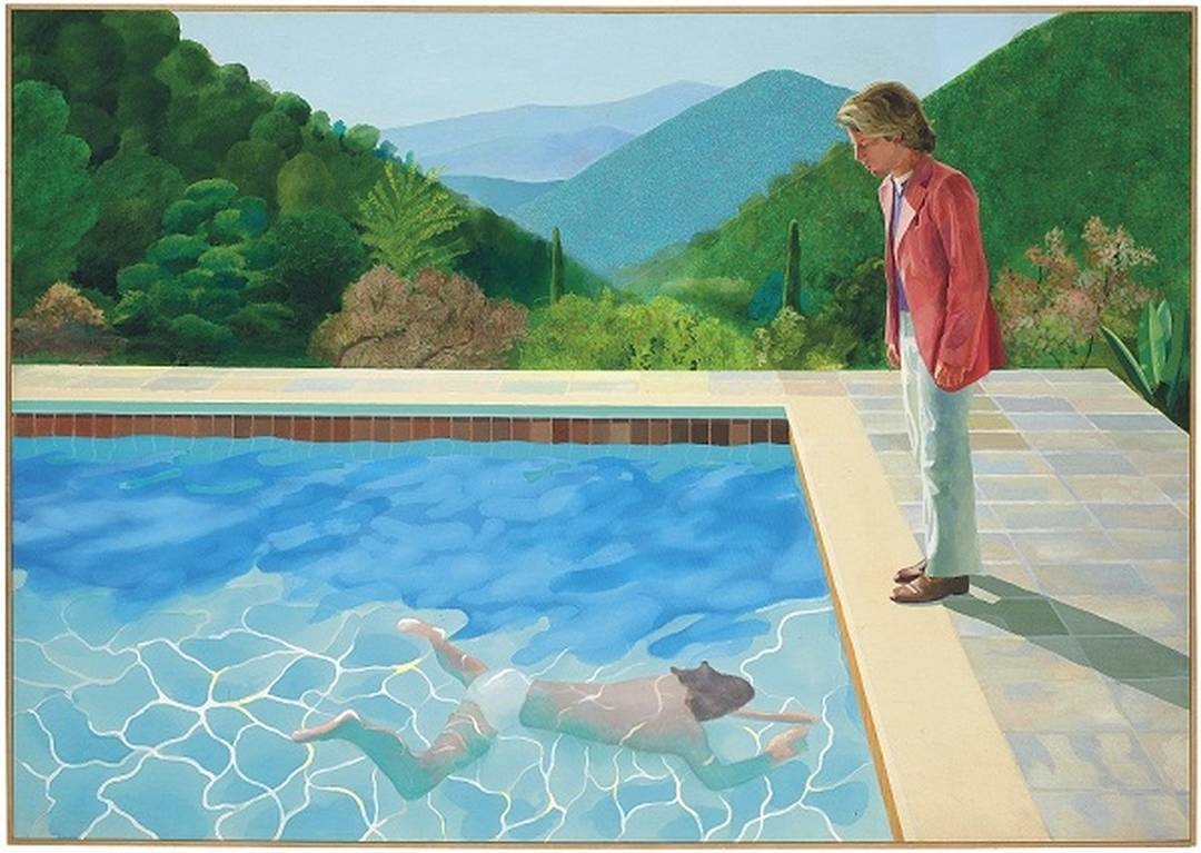 大衛•霍克尼(David Hockney,1937 年生),《藝術家肖像( 泳 池與兩個人 像 )PORTRAIT OF AN ARTIST (POOL WITH TWO FIGURES) 》,壓克力 畫布 84 x 120 吋(213.5 x 305 公分),1972 年作。