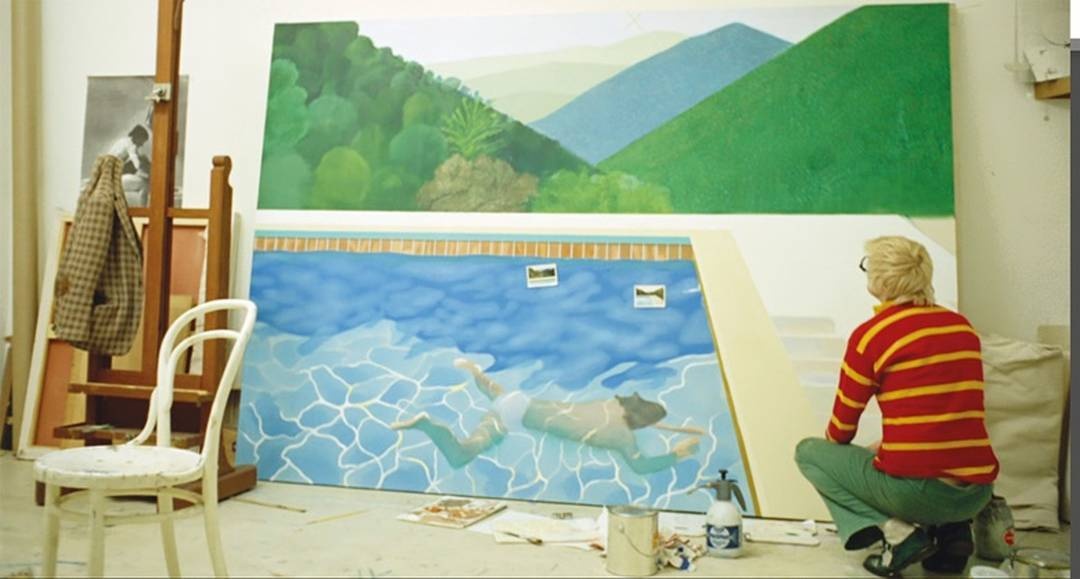 《藝術家肖像(泳池與兩個人像)》的預備照片,Le Nid-du-Duc,1972年 © David Hockney。(網上圖片)
