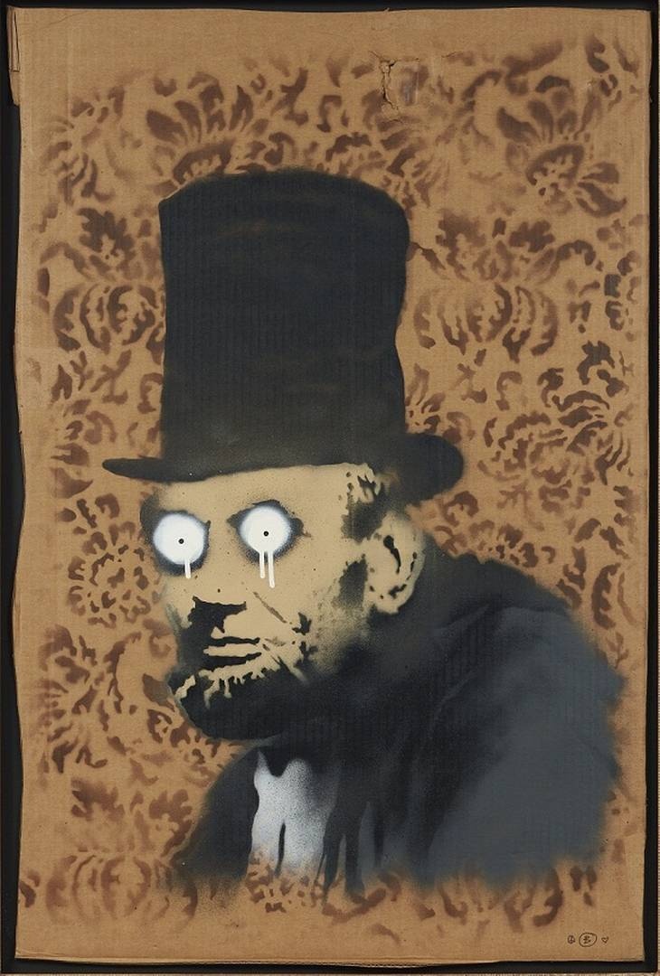 班克斯,《亞伯林肯》(Abe Lincoln, 2008),噴漆 紙板,89.9 x 59.9 公分 (35 3/8 x 23 5/8 英吋),2008年作,並附Pest Control工作室之保證書。估價:港幣 1,000,000 - 2,000,000/美元 128,000 - 256,000。