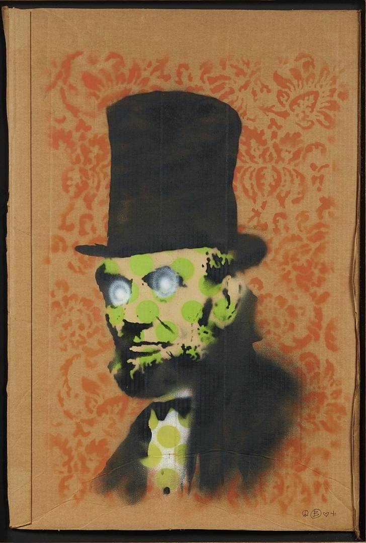 班克斯,《亞伯林肯》(Abe Lincoln, 2008),噴漆 紙板,89.9 x 59.9 公分 (35 3/8 x 23 5/8 英吋),2008年作,並附Pest Control工作室之保證書。估價:港幣 1,000,000 - 2,000,000/美元 128,000 - 256,000。