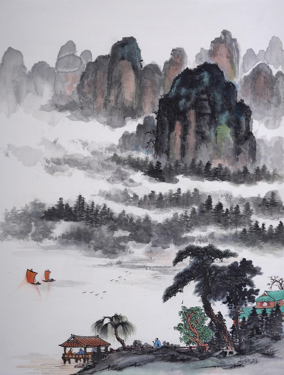 屈文灝傳統山水畫作品，他認為國畫的意境是西畫所沒有的藝術神韻。