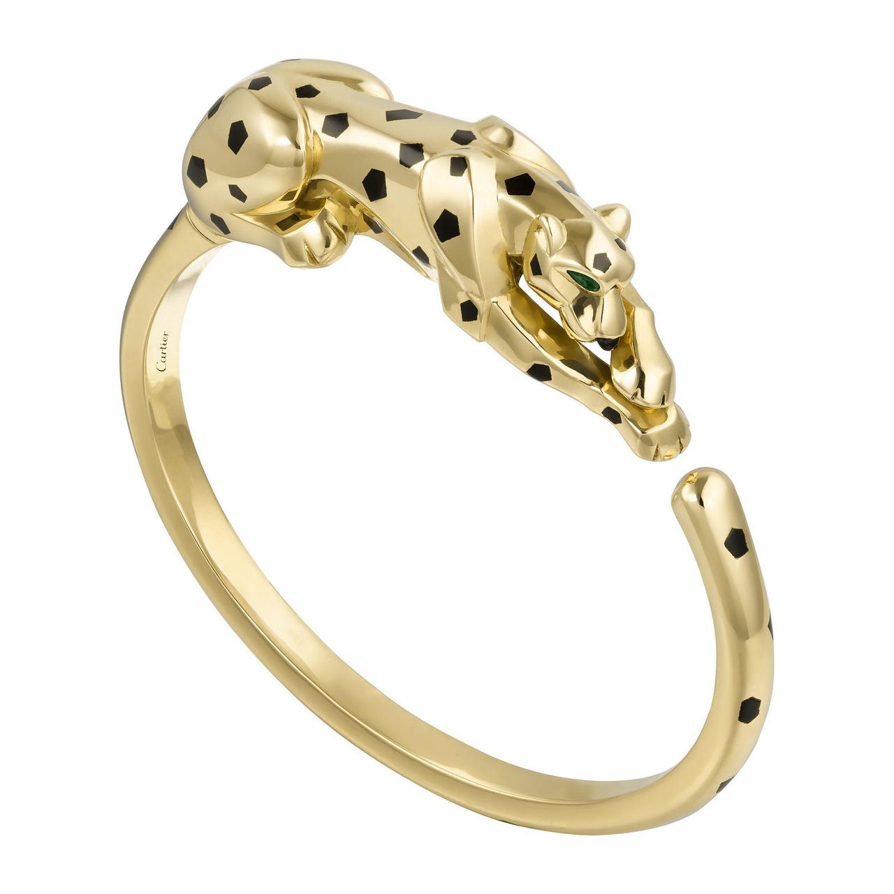 Panthère de Cartier手鐲,18K黃金,縞瑪瑙,黑色亮漆,鑲嵌2顆沙弗萊石榴石。© Cartier