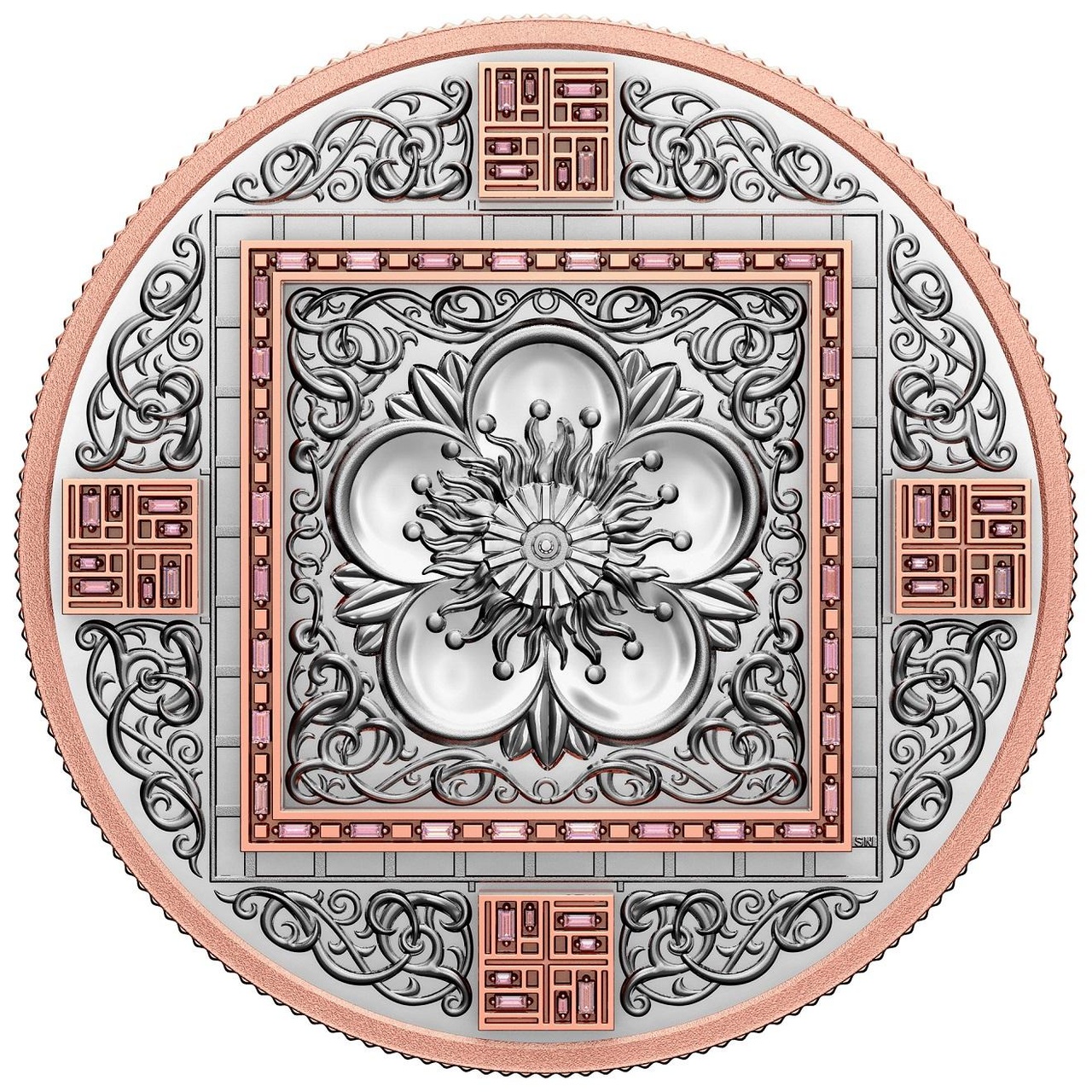 Splendour是皇家加拿大鑄幣廠有史以來第一枚 10 安士之99.95% 純鉑金打造的錢幣。背面飾有一朵雕刻精美的櫻花，鑲嵌共64顆艷彩粉鑽（總重 1.2 克拉），正面飾有藤蔓圖案及英國女王伊麗莎白二世肖像，全球限量鑄造5枚。 
