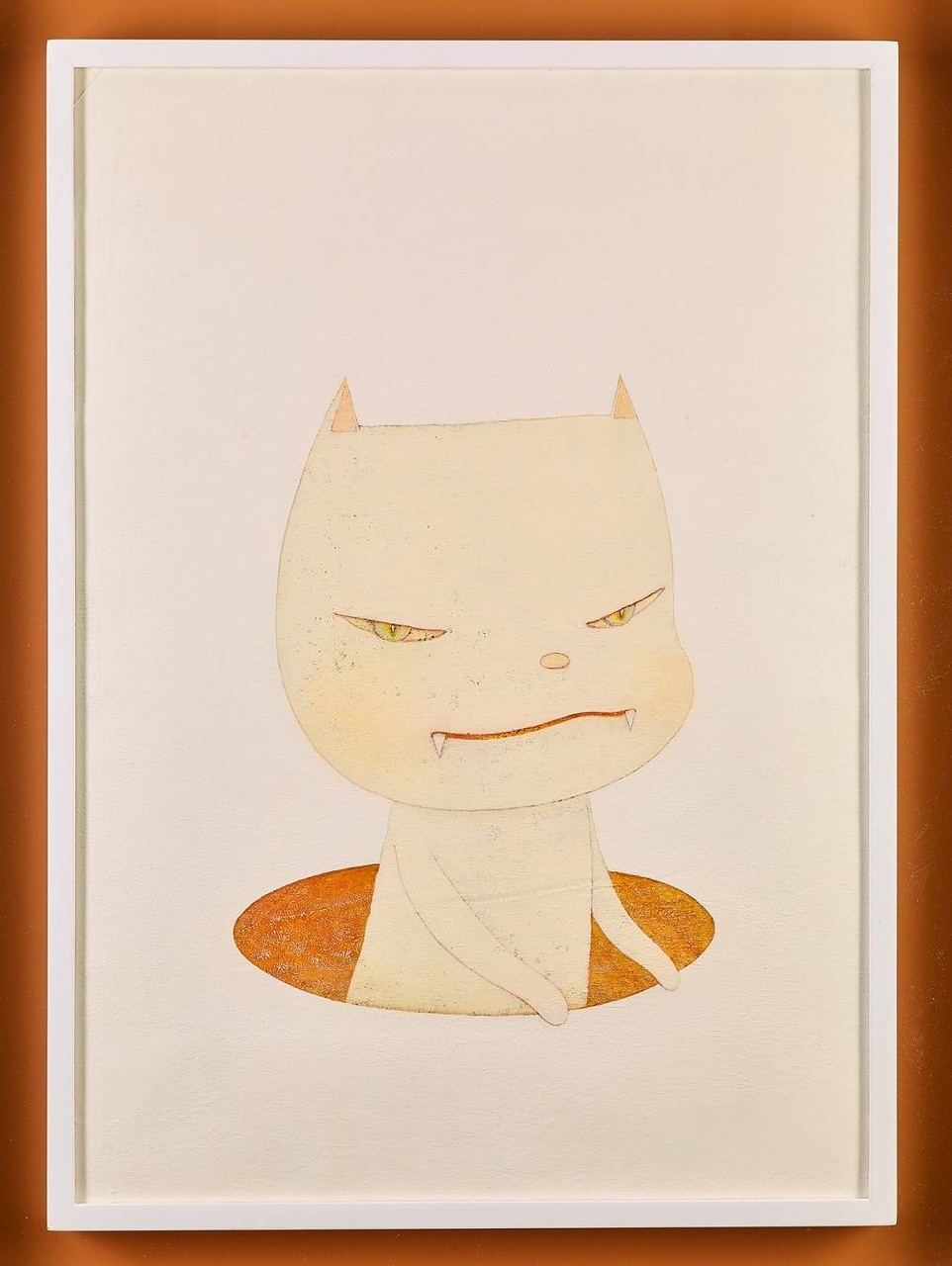 拍品編號1029 ：奈良美智 白夜貓，亞克力紙本，鏡框，簽名於畫背，51.7 × 36.1 cm，2002 年。估價：HKD  800,000-1,500,000。