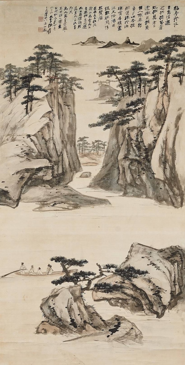 拍品編號224:《張大千 松島泛舟圖》,設色紙本 立軸,1961年作,145×73.6cm 約9.6 平尺。估價:HKD 5,000,000 – 7,000,000。此作是張大千(1899-1983)尺幅最大的日本實景山水作品,不僅流傳有序,也滿紙洋溢大千先生與郎靜山等文人故友的情誼。