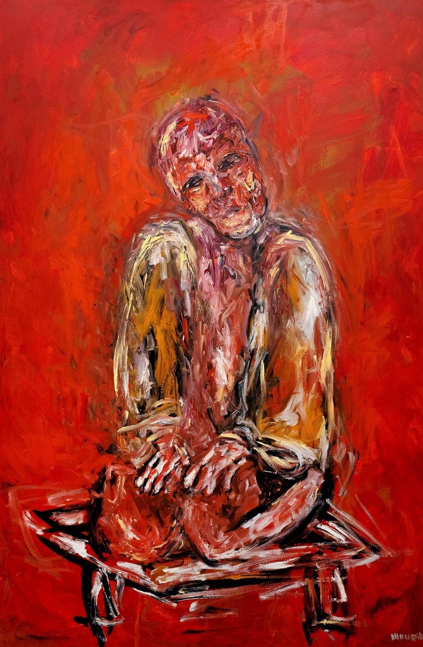 西山瑞貴( Mizuki Nishiyama)作品《Sitting, Waiting》以具表現力的深紅色筆觸繪畫一名處於「正座」姿態的女性,表面正襟危坐卻似乎蠢蠢欲動,透露出從傳統規範和當代性別政治的桎梏中解放自身的強烈欲望。Sitting, Waiting 油畫布本 180 x 120厘米 2021