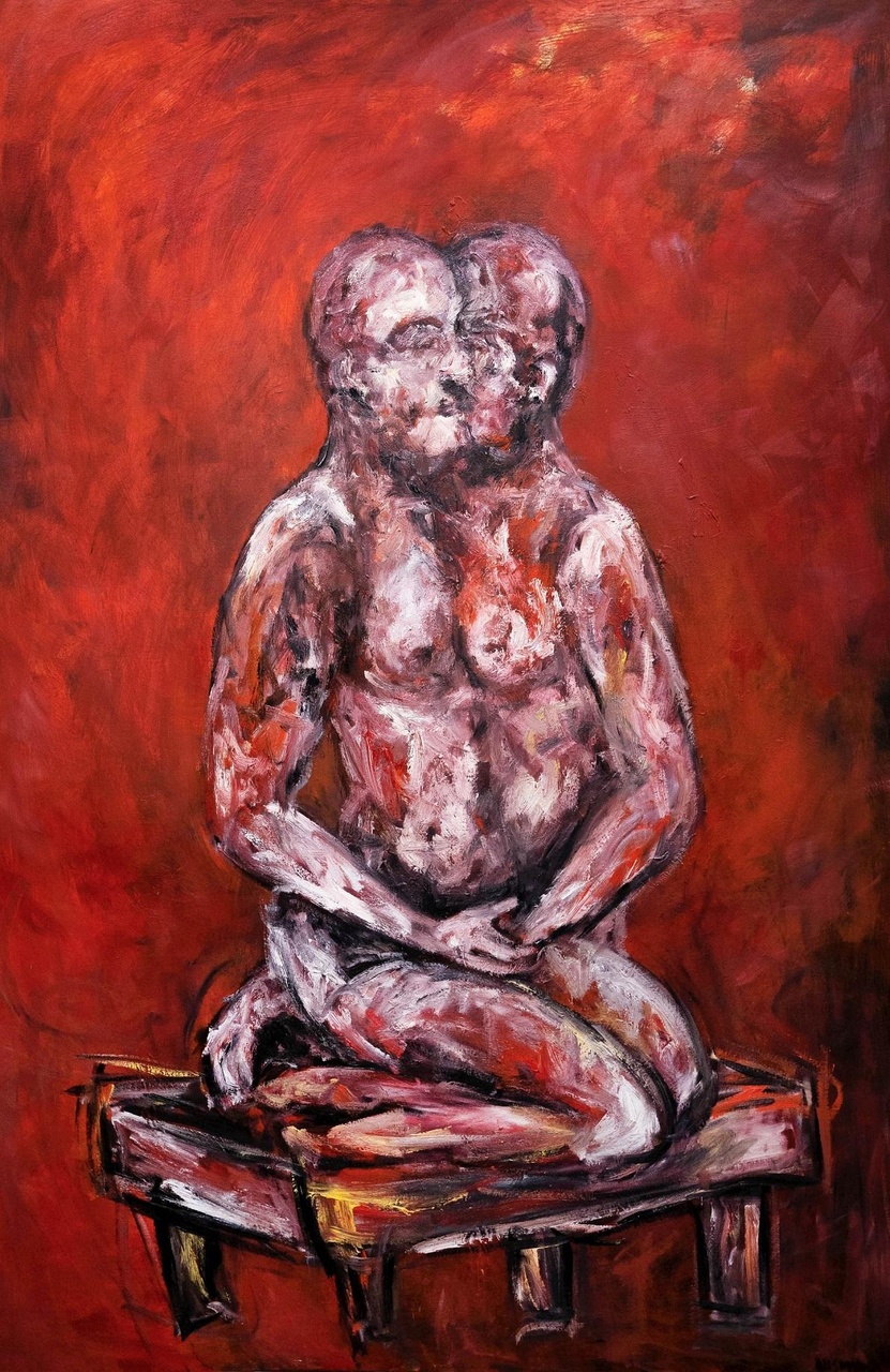 新藝潮畫廊宣佈推出《正座:感知與超越》(Seiza: Transgressing the Seated Body) ,展出港日混血藝術家西山瑞貴最新畫作。圖為展出作品之一:《Splice》表現兩個性別不明的人體面對面,「正座」於卓袱台(Chabudai,日本的一種矮茶桌)上。輕輕交握的手傳遞柔和的氣氛,但兩人在卓袱台上的設定,似乎暗示他/她們正作為某種物品被送上,或處於他人的目光下,突顯兩人的狀態是何其脆弱。 Splice 油畫布本 180 x 120厘米 2021