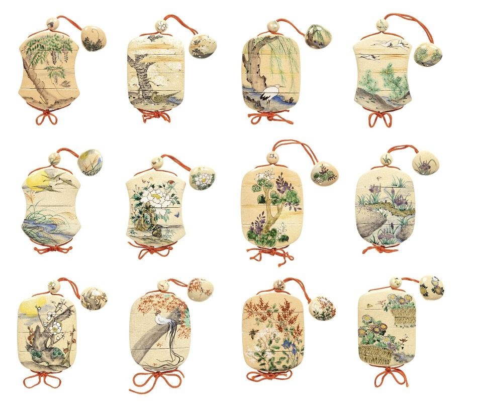 拍品155
19世紀後期 花鳥十二ヶ月図陶製印籠（十二点），銘「乾也」
估價：10,000 - 12,000英鎊
